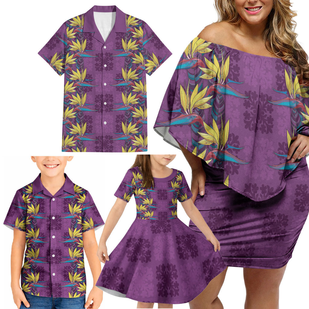 Hawaii Waikiki King Family Matching Off Shoulder Short Dress and Hawaiian Shirt Purple Quilt With Pua Manu LT05 - Polynesian Pride