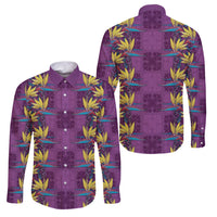Hawaii Waikiki King Family Matching Off Shoulder Short Dress and Hawaiian Shirt Purple Quilt With Pua Manu LT05 Dad's Shirt - Long Sleeve Purple - Polynesian Pride