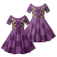 Hawaii Waikiki King Family Matching Off Shoulder Short Dress and Hawaiian Shirt Purple Quilt With Pua Manu LT05 Daughter's Dress Purple - Polynesian Pride