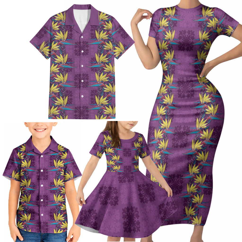 Hawaii Waikiki King Family Matching Short Sleeve Bodycon Dress and Hawaiian Shirt Purple Quilt With Pua Manu LT05 - Polynesian Pride