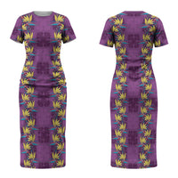 Hawaii Waikiki King Family Matching Short Sleeve Bodycon Dress and Hawaiian Shirt Purple Quilt With Pua Manu LT05 Mom's Dress Purple - Polynesian Pride