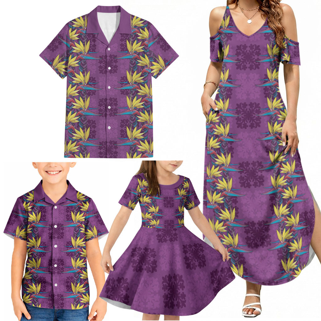 Hawaii Waikiki King Family Matching Summer Maxi Dress and Hawaiian Shirt Purple Quilt With Pua Manu LT05 - Polynesian Pride
