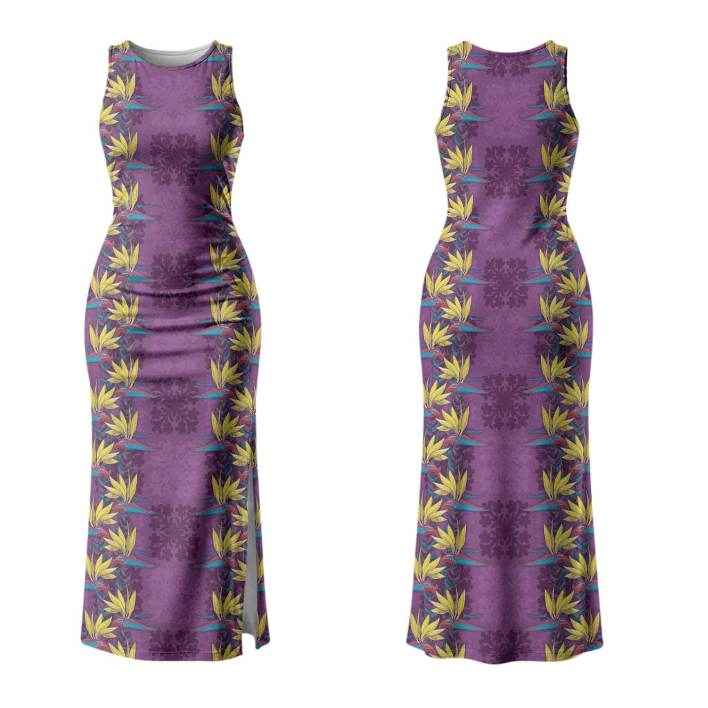 Hawaii Waikiki King Family Matching Tank Maxi Dress and Hawaiian Shirt Purple Quilt With Pua Manu LT05 Mom's Dress Purple - Polynesian Pride