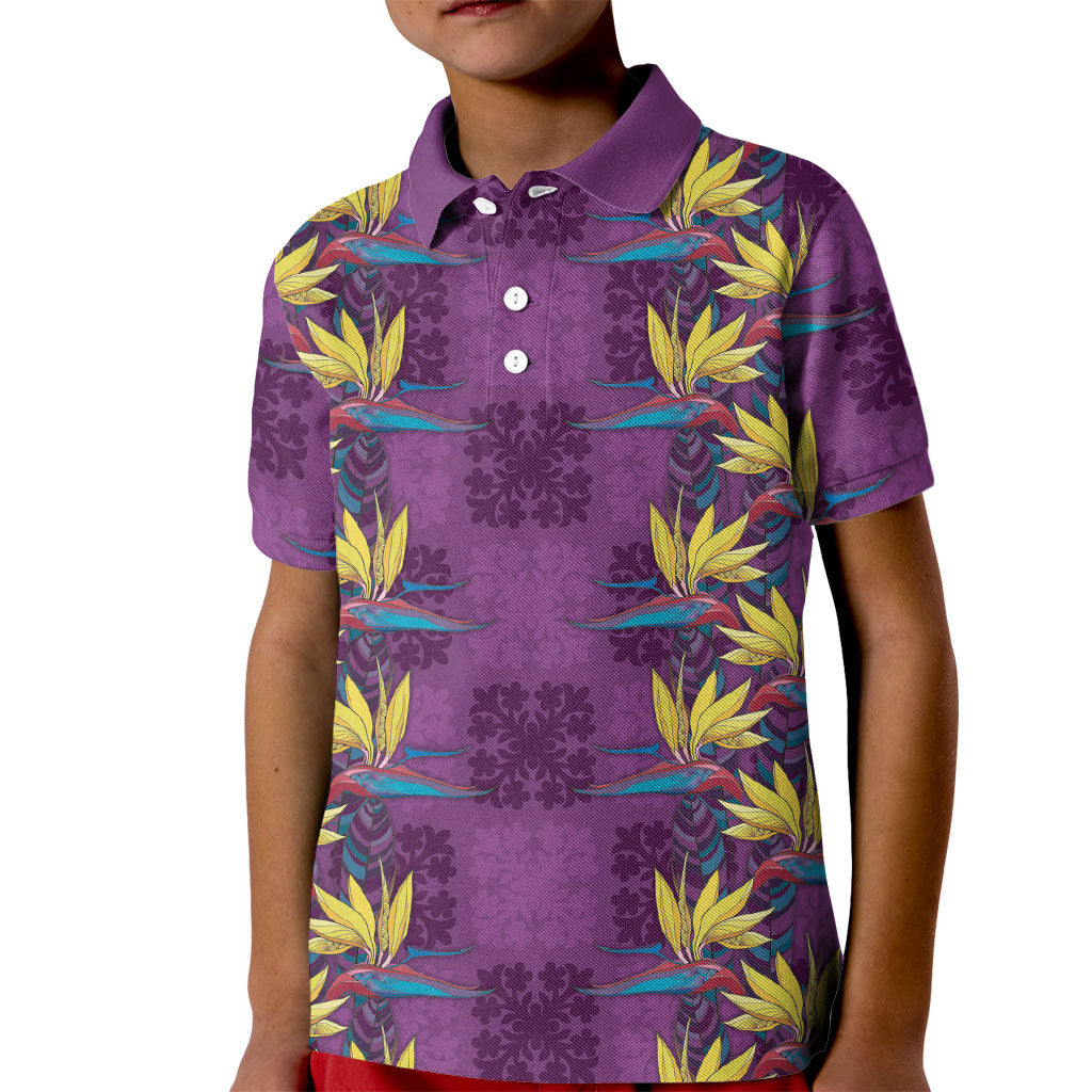 Hawaii Waikiki King Kid Polo Shirt Purple Quilt With Pua Manu LT05 Kid Purple - Polynesian Pride