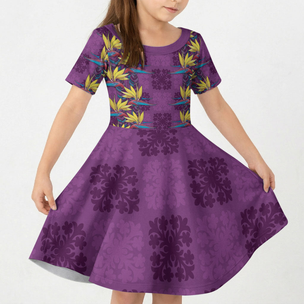 Hawaii Waikiki King Kid Short Sleeve Dress Purple Quilt With Pua Manu LT05 KID Purple - Polynesian Pride