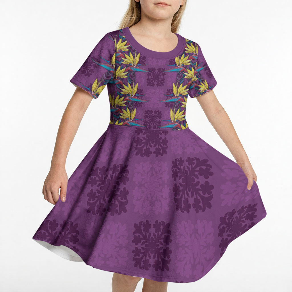 Hawaii Waikiki King Kid Short Sleeve Dress Purple Quilt With Pua Manu LT05 - Polynesian Pride