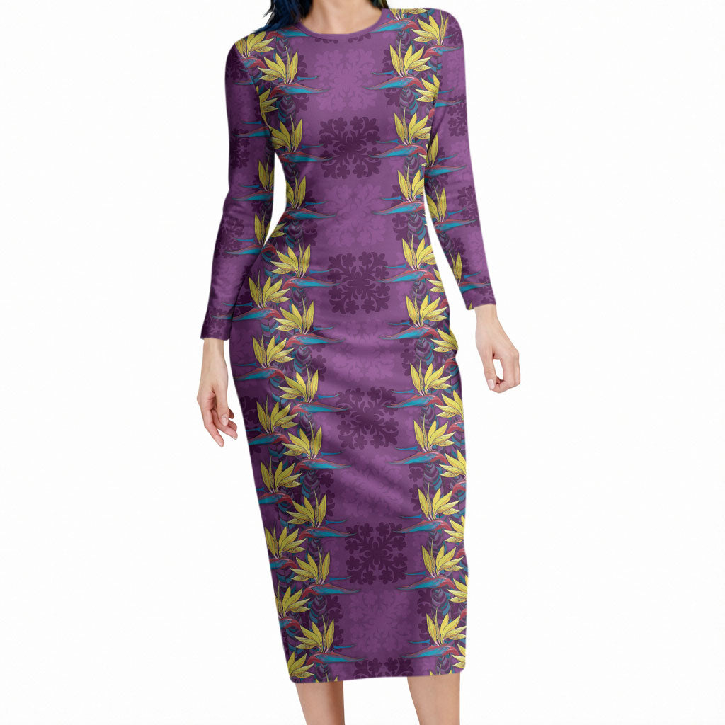Hawaii Waikiki King Long Sleeve Bodycon Dress Purple Quilt With Pua Manu