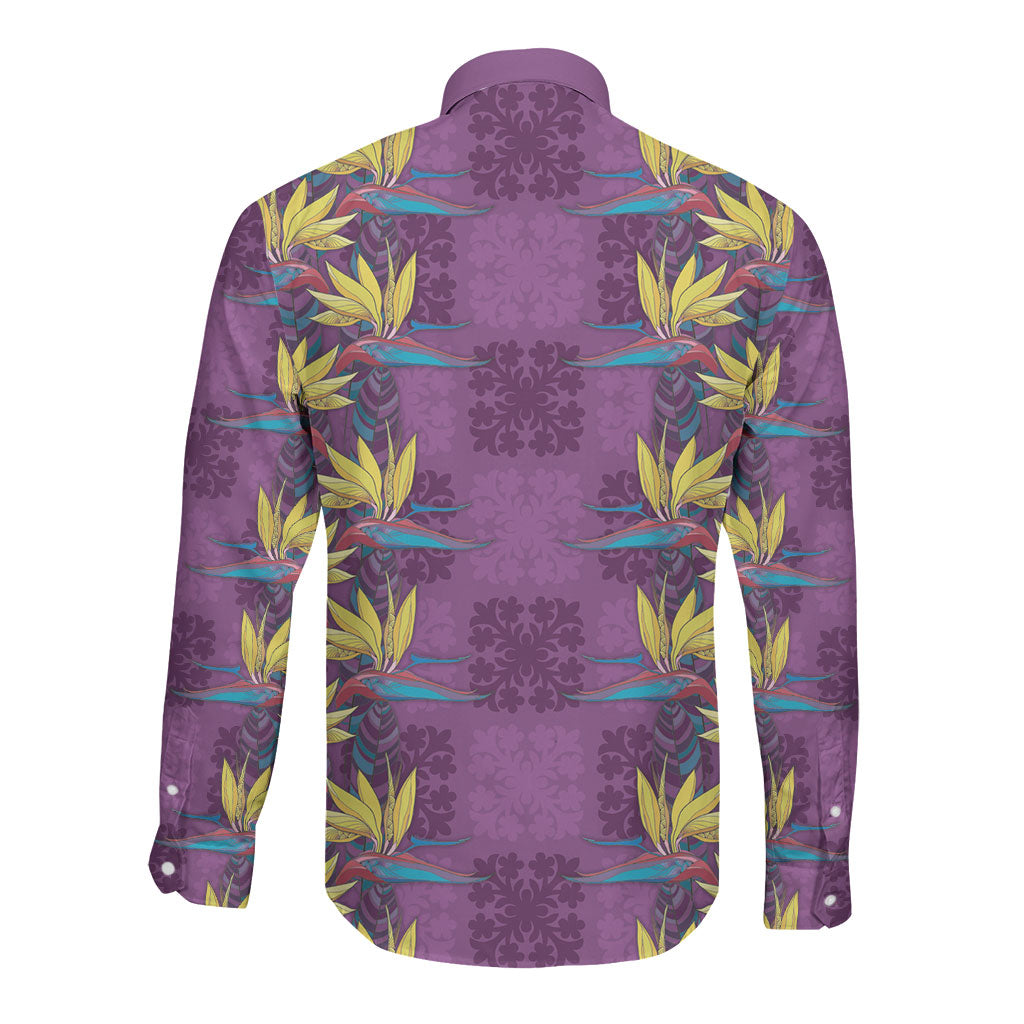 Hawaii Waikiki King Long Sleeve Button Shirt Purple Quilt With Pua Manu LT05 - Polynesian Pride