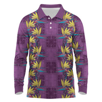 Hawaii Waikiki King Long Sleeve Polo Shirt Purple Quilt With Pua Manu LT05 Purple - Polynesian Pride