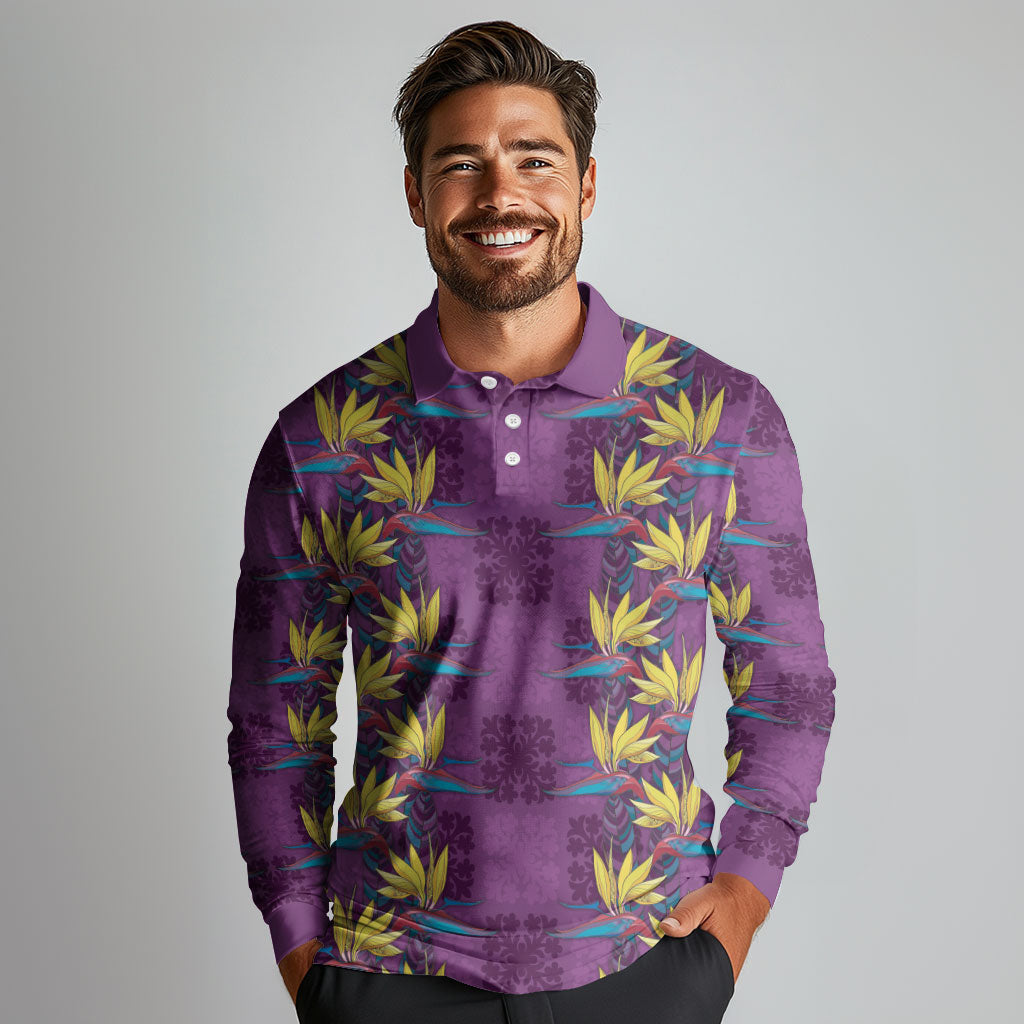 Hawaii Waikiki King Long Sleeve Polo Shirt Purple Quilt With Pua Manu LT05 - Polynesian Pride