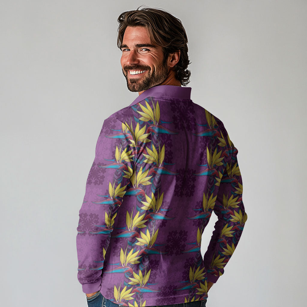 Hawaii Waikiki King Long Sleeve Polo Shirt Purple Quilt With Pua Manu LT05 - Polynesian Pride