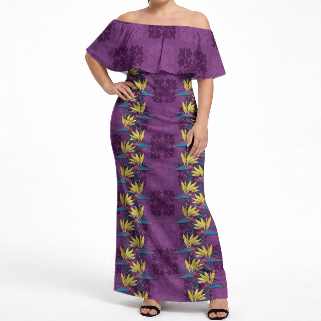 Hawaii Waikiki King Off Shoulder Maxi Dress Purple Quilt With Pua Manu