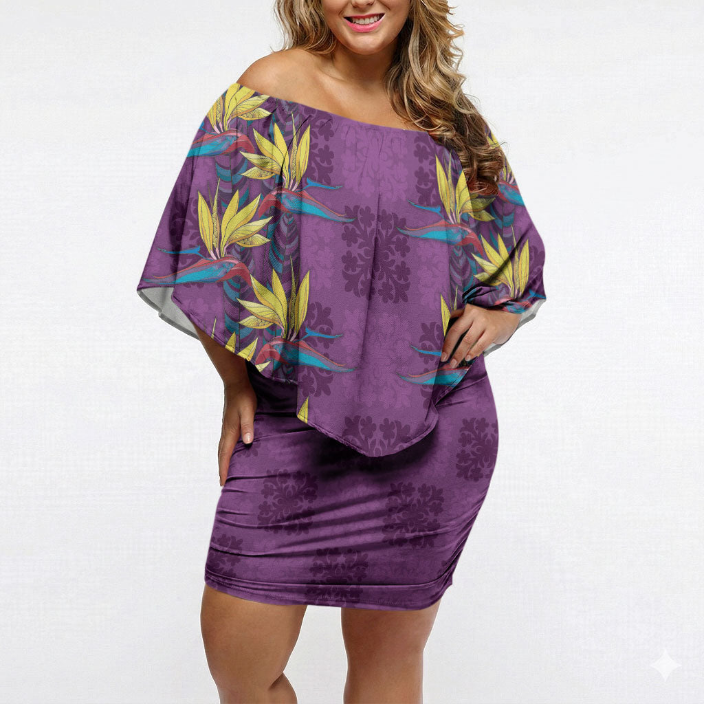 Hawaii Waikiki King Off Shoulder Short Dress Purple Quilt With Pua Manu LT05 Women Purple - Polynesian Pride