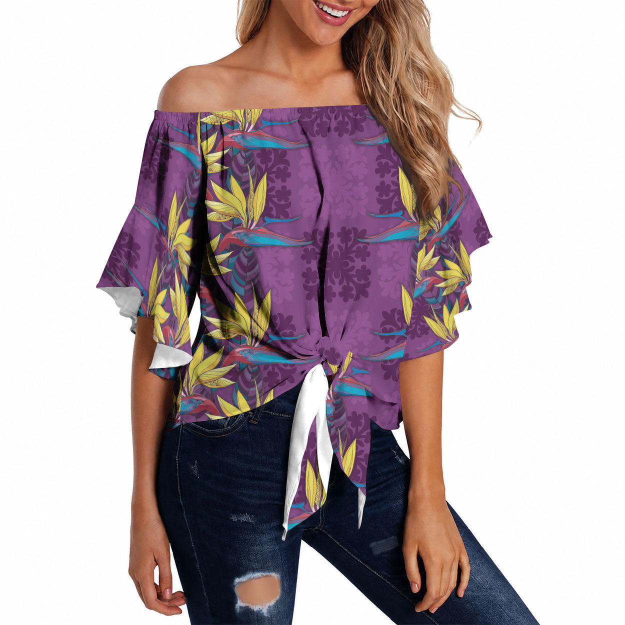 Hawaii Waikiki King Off Shoulder Wrap Waist Top Purple Quilt With Pua Manu LT05 Purple - Polynesian Pride
