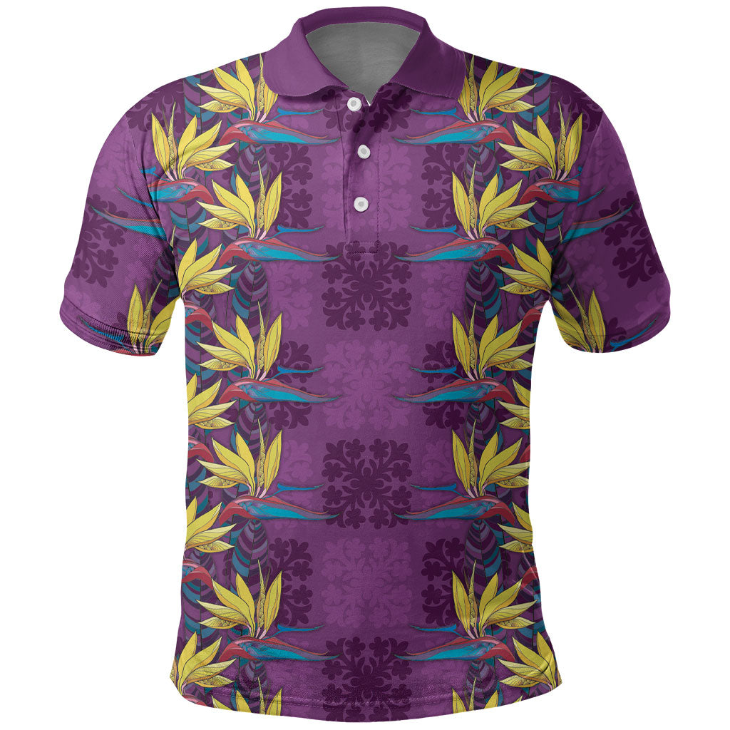 Hawaii Waikiki King Polo Shirt Purple Quilt With Pua Manu