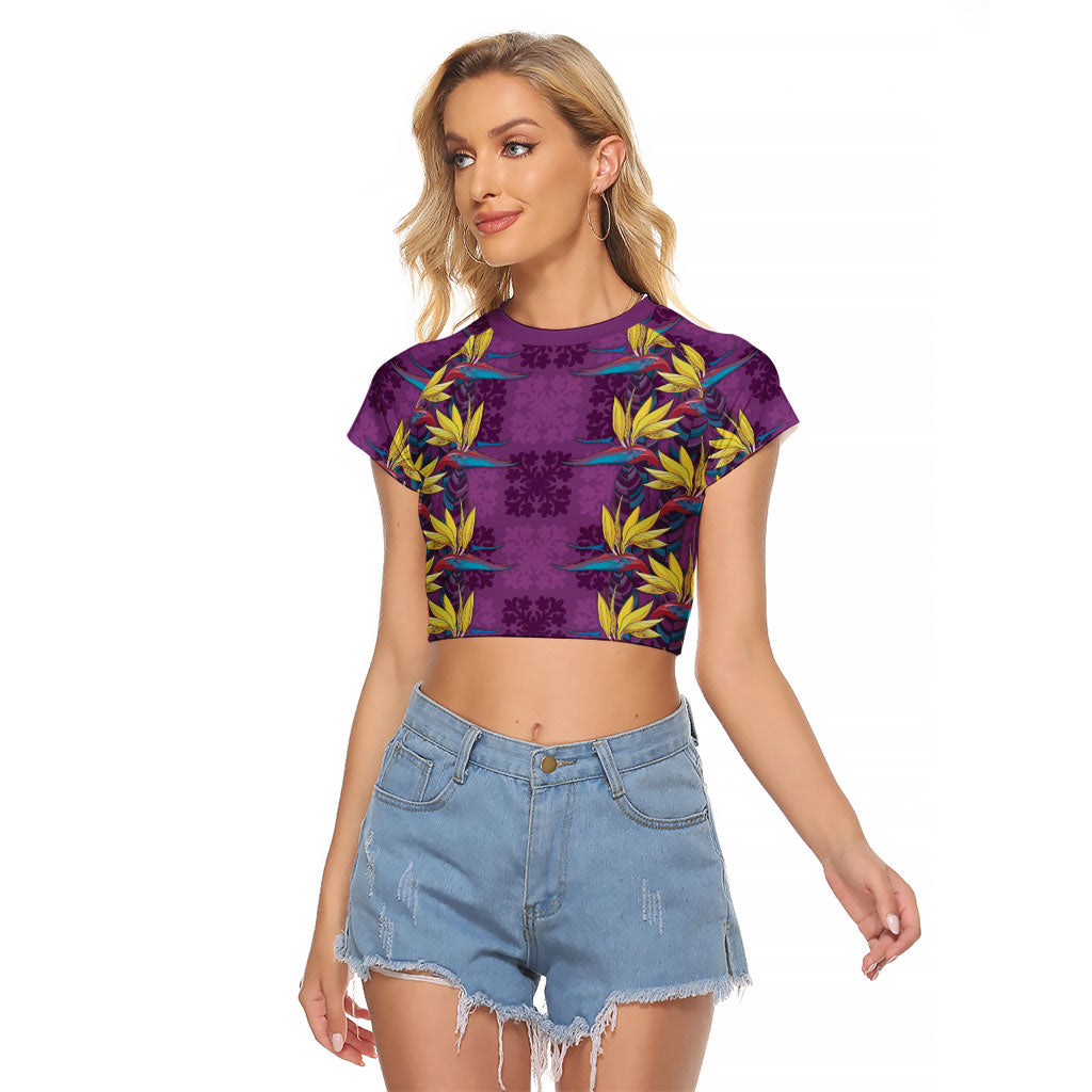 Hawaii Waikiki King Raglan Cropped T Shirt Purple Quilt With Pua Manu