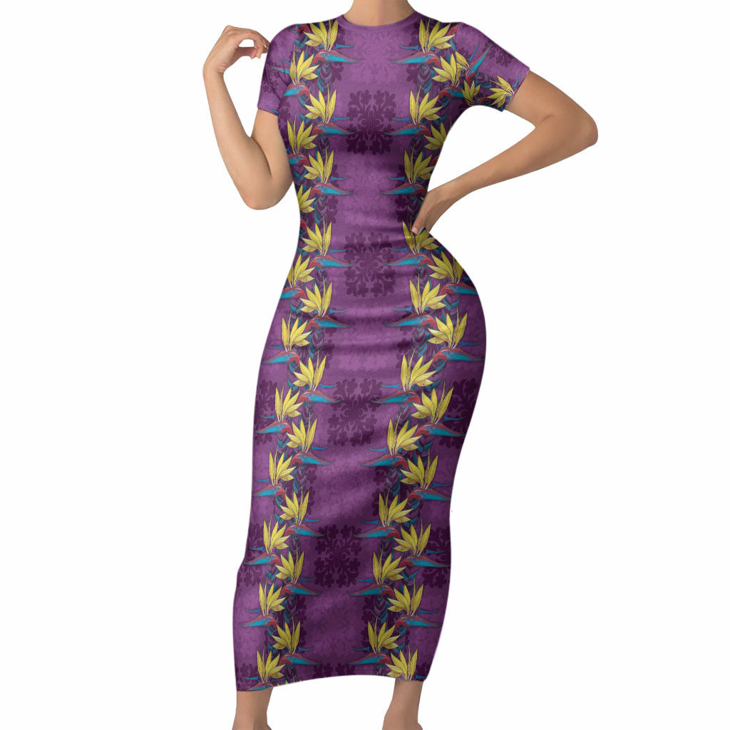 Hawaii Waikiki King Short Sleeve Bodycon Dress Purple Quilt With Pua Manu