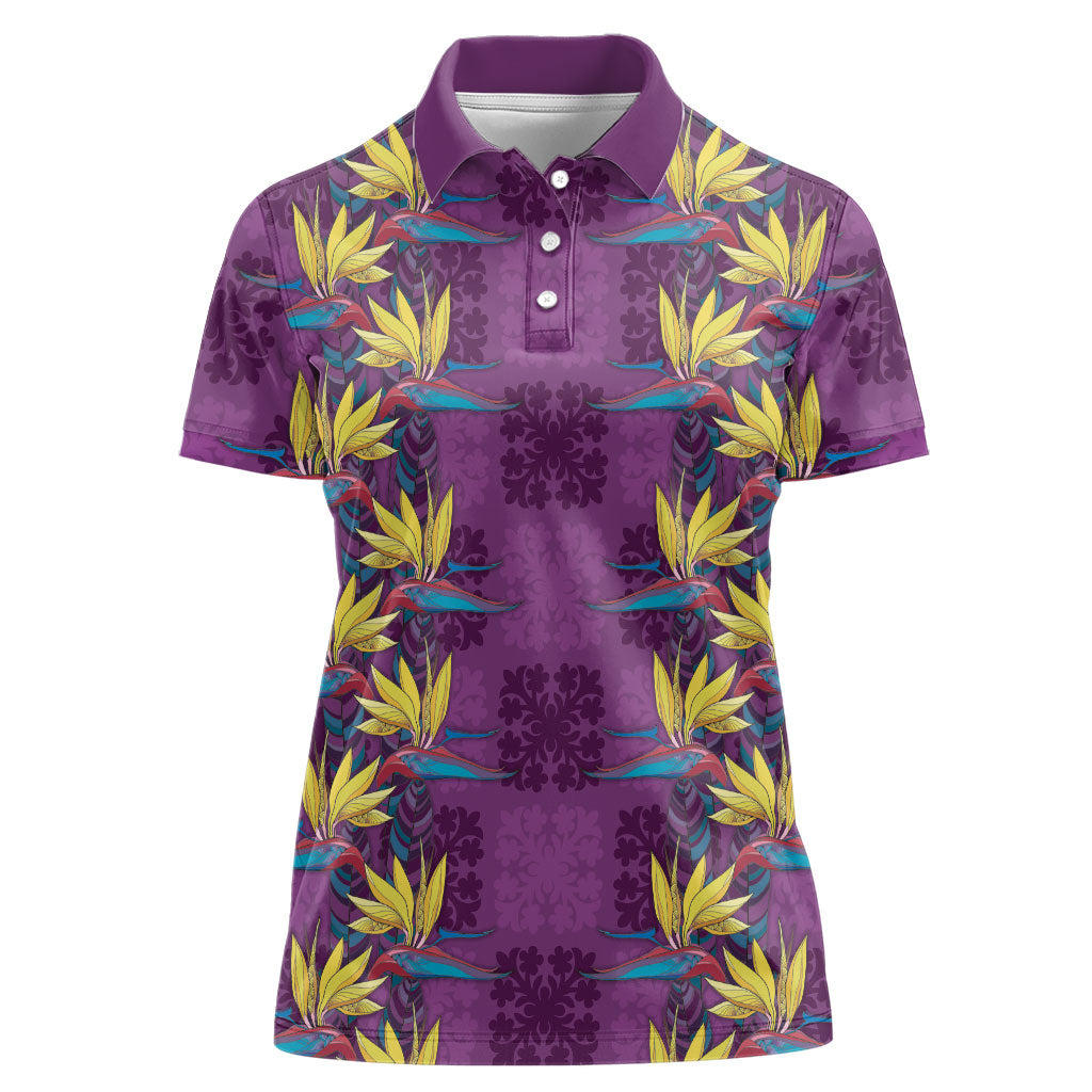 Hawaii Waikiki King Women Polo Shirt Purple Quilt With Pua Manu LT05 Female Purple - Polynesian Pride