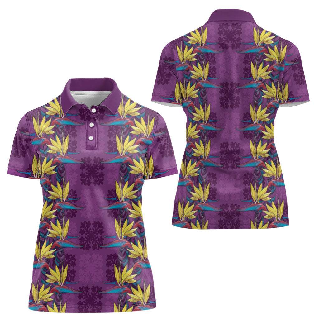 Hawaii Waikiki King Women Polo Shirt Purple Quilt With Pua Manu LT05 - Polynesian Pride