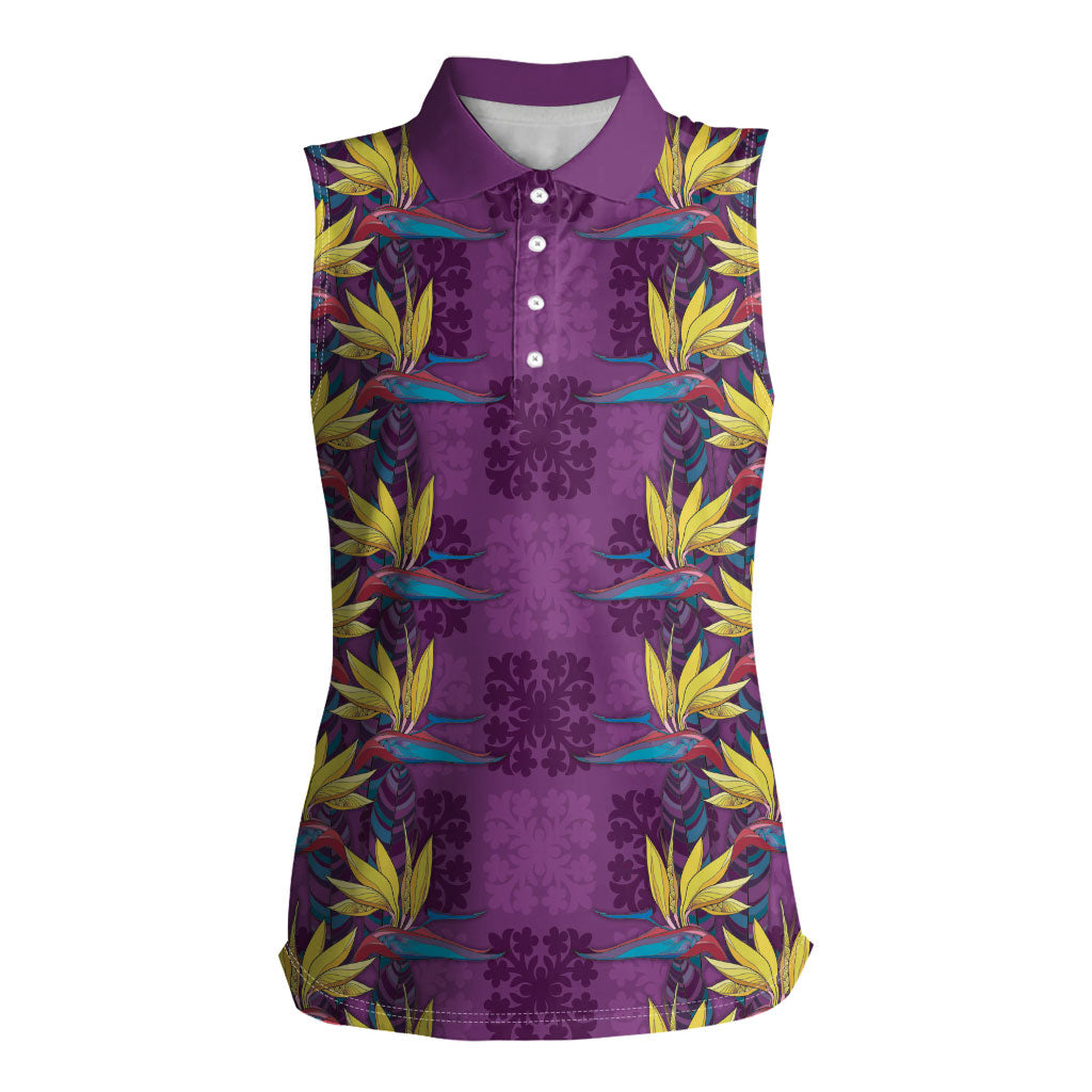 Hawaii Waikiki King Women Sleeveless Polo Shirt Purple Quilt With Pua Manu LT05 Female Purple - Polynesian Pride