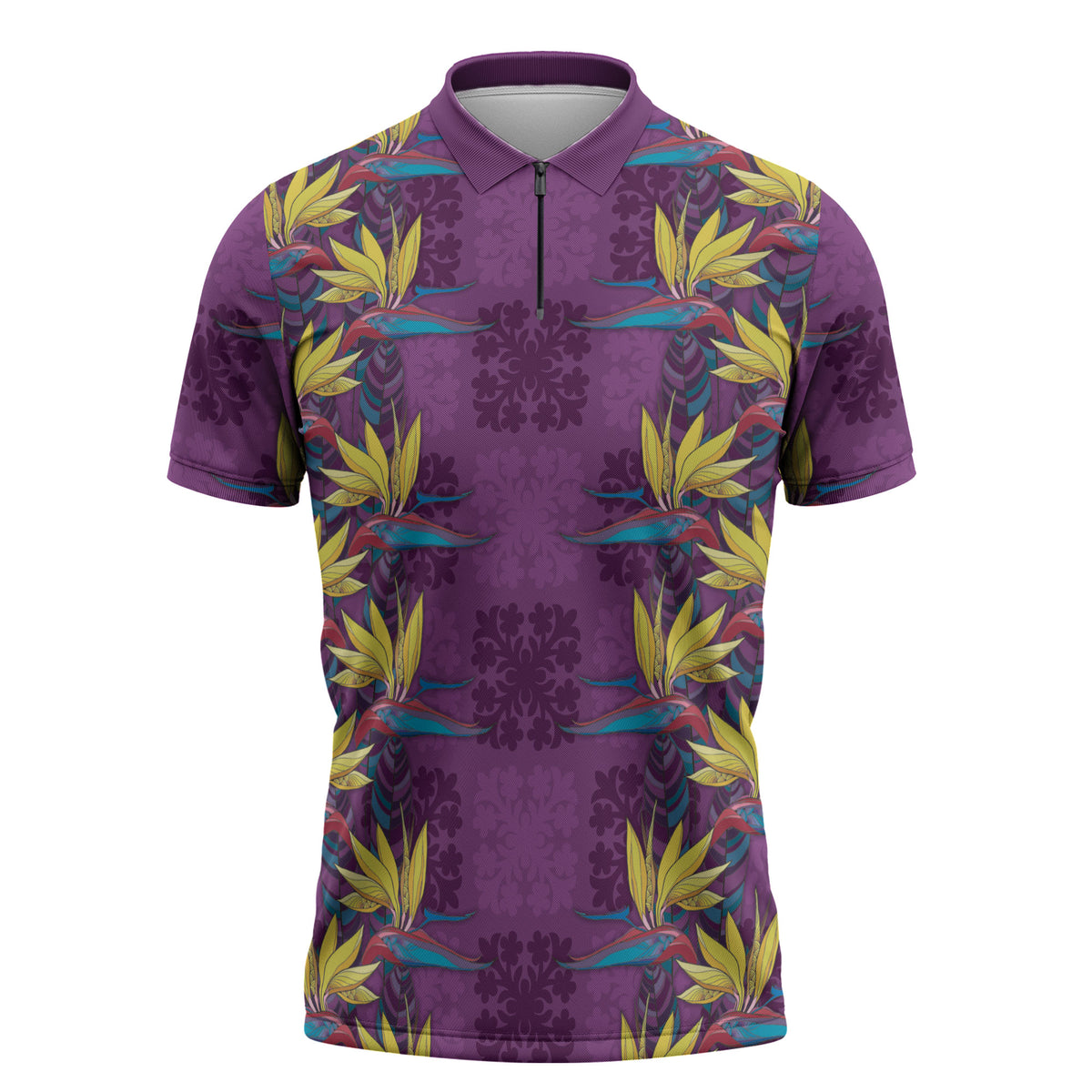 Hawaii Waikiki King Zipper Polo Shirt Purple Quilt With Pua Manu LT05 Purple - Polynesian Pride