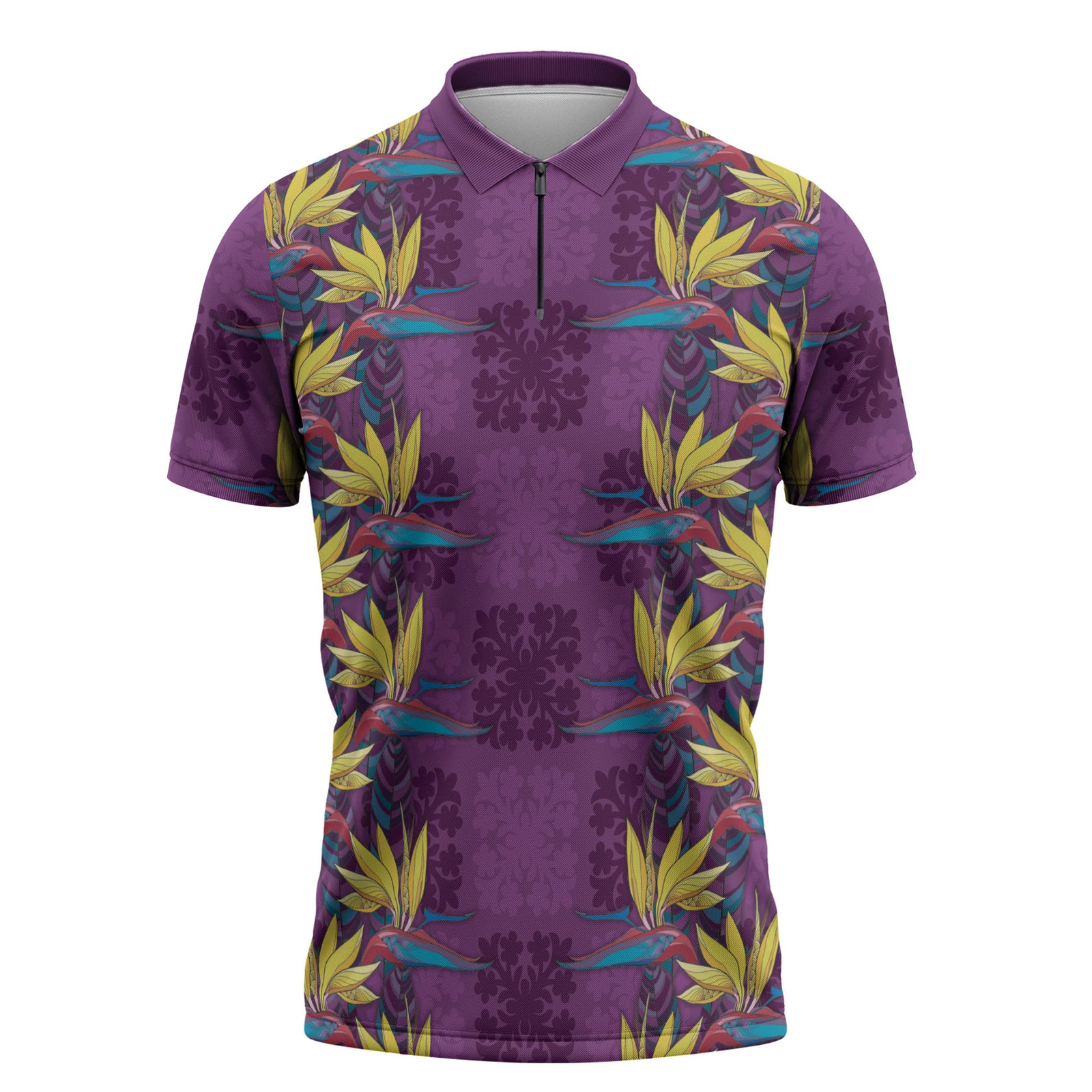 Hawaii Waikiki King Zipper Polo Shirt Purple Quilt With Pua Manu LT05 Purple - Polynesian Pride