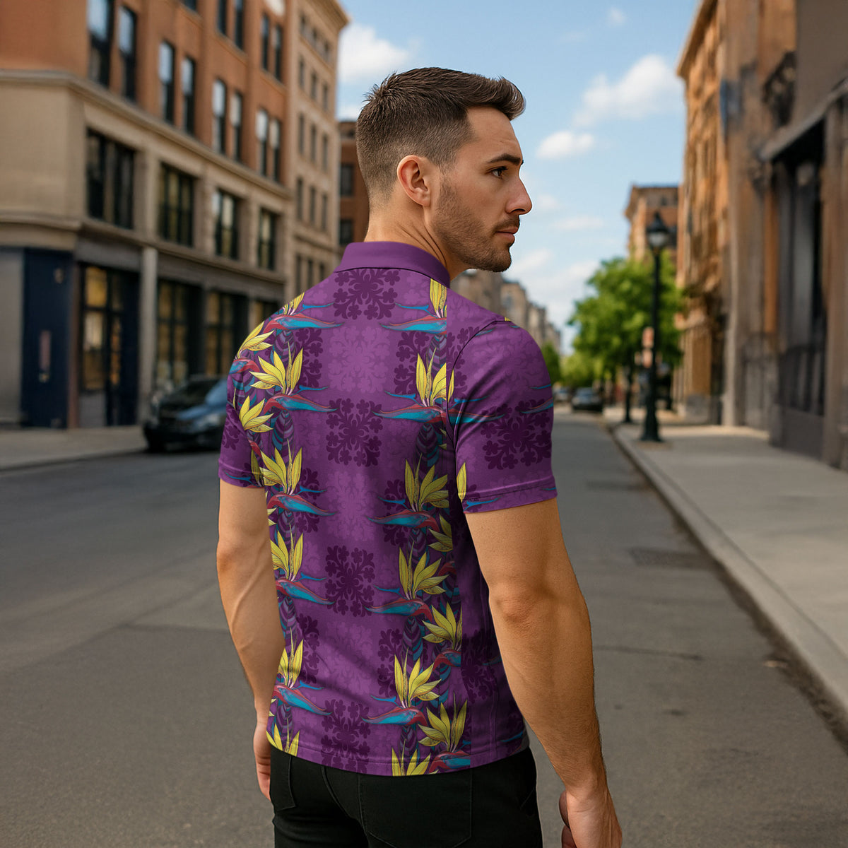 Hawaii Waikiki King Zipper Polo Shirt Purple Quilt With Pua Manu LT05 - Polynesian Pride