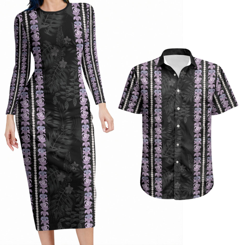 Hawaii Queen Liliuokalani Couples Matching Long Sleeve Bodycon Dress and Hawaiian Shirt Hawaiian Lei Pua Kalaunu LT05 Black - Polynesian Pride