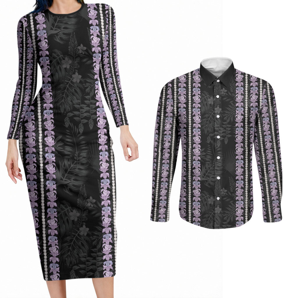 Hawaii Queen Liliuokalani Couples Matching Long Sleeve Bodycon Dress and Long Sleeve Button Shirt Hawaiian Lei Pua Kalaunu LT05 Black - Polynesian Pride