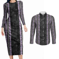 Hawaii Queen Liliuokalani Couples Matching Long Sleeve Bodycon Dress and Long Sleeve Button Shirt Hawaiian Lei Pua Kalaunu LT05 Black - Polynesian Pride
