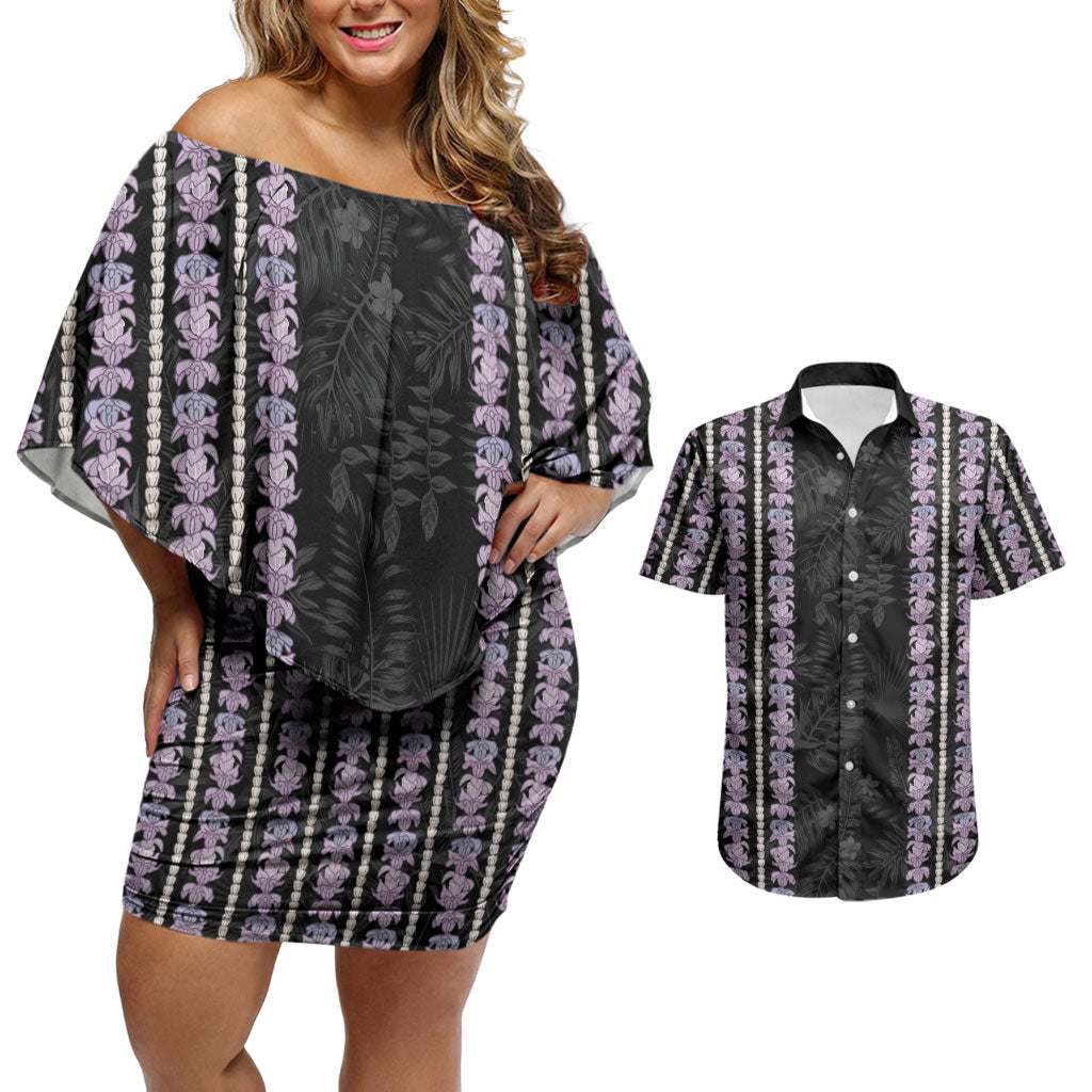 Hawaii Queen Liliuokalani Couples Matching Off Shoulder Short Dress and Hawaiian Shirt Hawaiian Lei Pua Kalaunu LT05 Black - Polynesian Pride