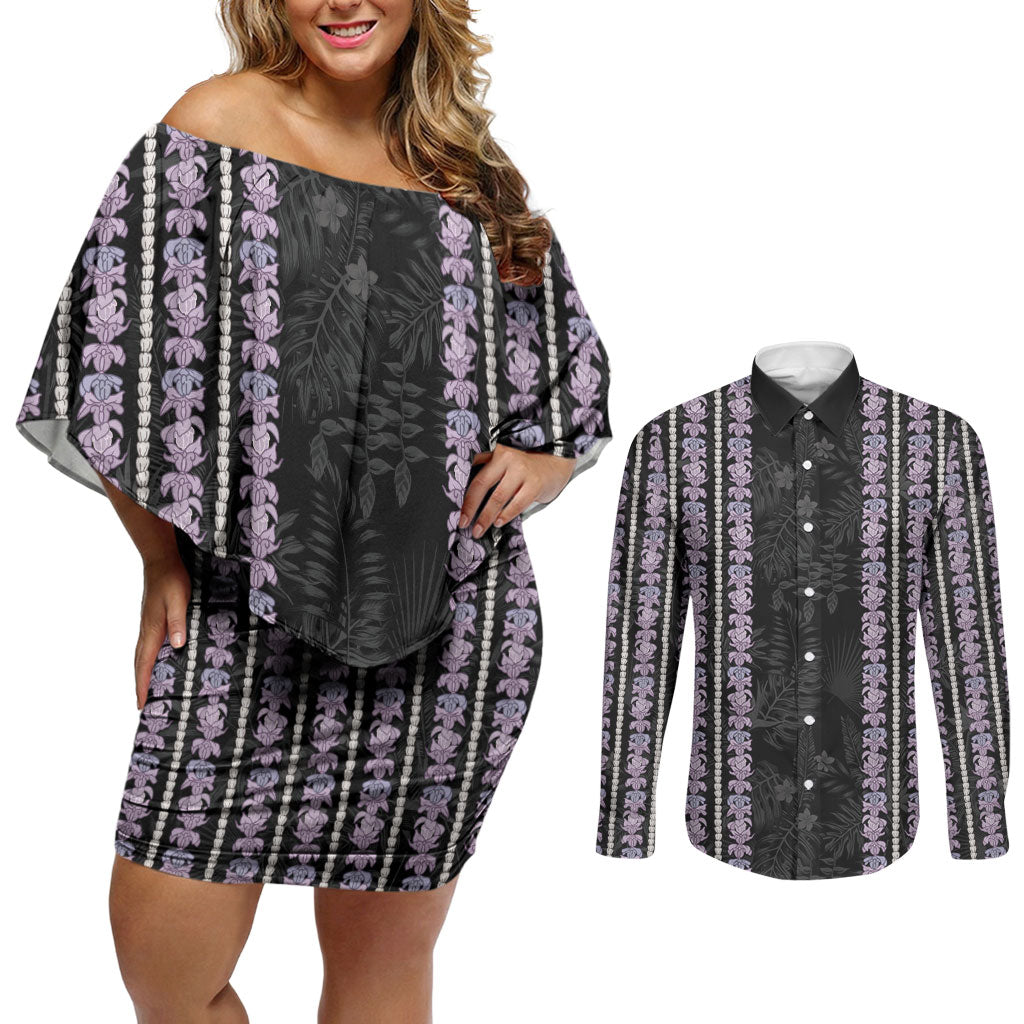 Hawaii Queen Liliuokalani Couples Matching Off Shoulder Short Dress and Long Sleeve Button Shirt Hawaiian Lei Pua Kalaunu LT05 Black - Polynesian Pride
