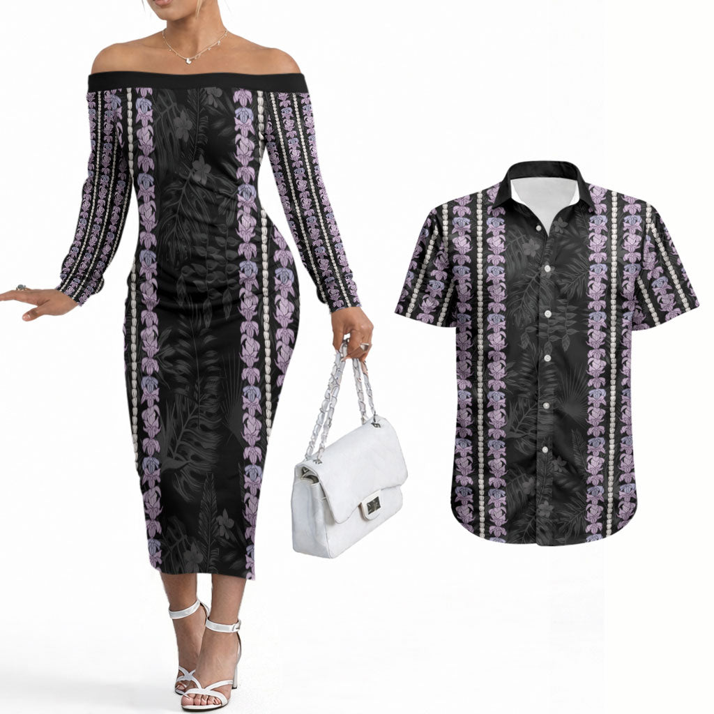 Hawaii Queen Liliuokalani Couples Matching Off The Shoulder Long Sleeve Dress and Hawaiian Shirt Hawaiian Lei Pua Kalaunu LT05 Black - Polynesian Pride