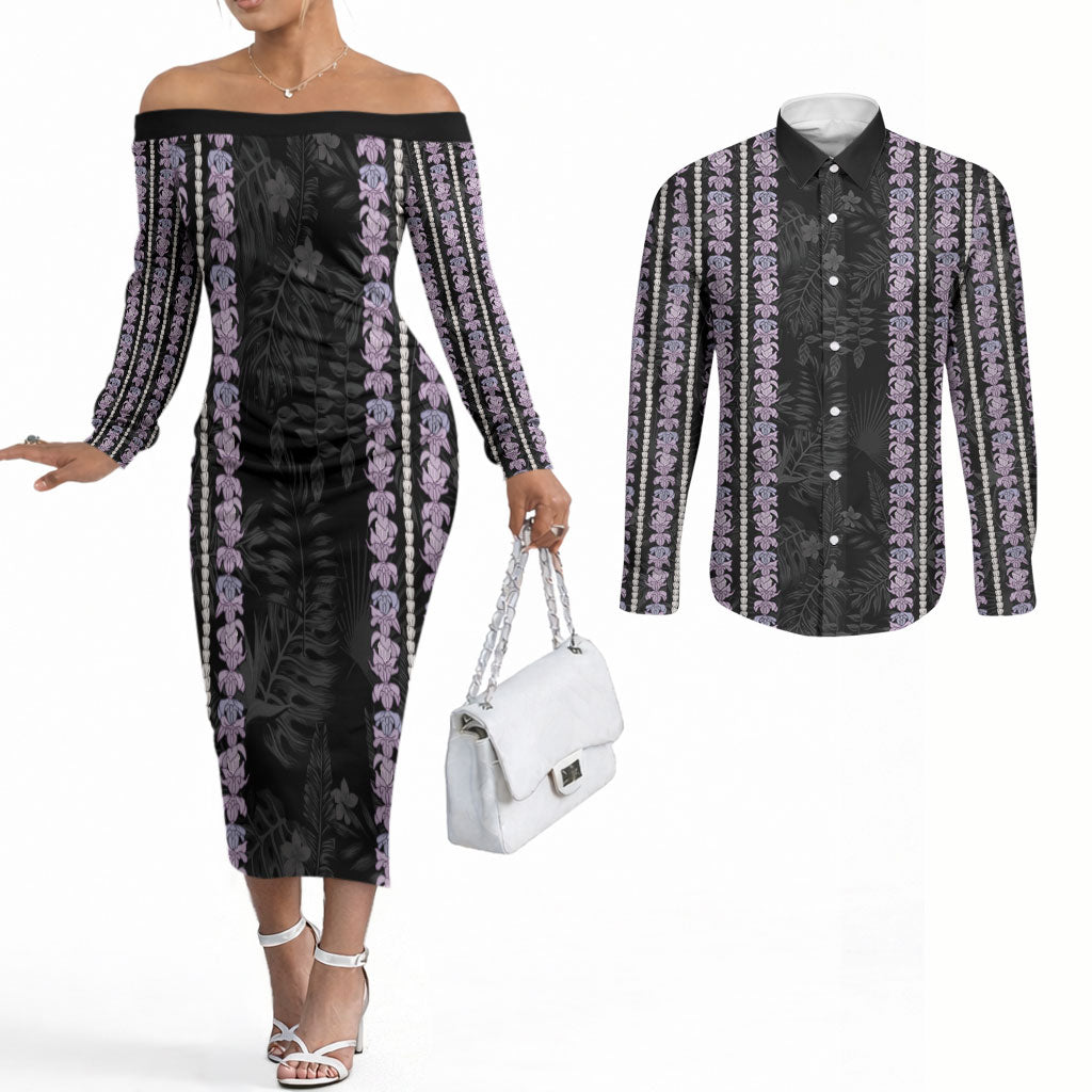 Hawaii Queen Liliuokalani Couples Matching Off The Shoulder Long Sleeve Dress and Long Sleeve Button Shirt Hawaiian Lei Pua Kalaunu LT05 Black - Polynesian Pride