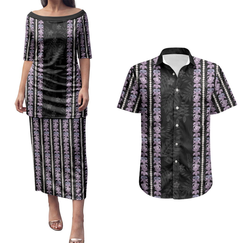 Hawaii Queen Liliuokalani Couples Matching Puletasi and Hawaiian Shirt Hawaiian Lei Pua Kalaunu LT05 Black - Polynesian Pride