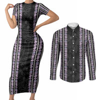 Hawaii Queen Liliuokalani Couples Matching Short Sleeve Bodycon Dress and Long Sleeve Button Shirt Hawaiian Lei Pua Kalaunu LT05 Black - Polynesian Pride