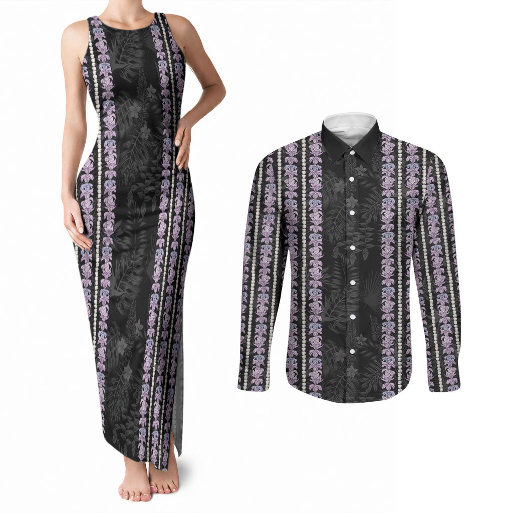 Hawaii Queen Liliuokalani Couples Matching Tank Maxi Dress and Long Sleeve Button Shirt Hawaiian Lei Pua Kalaunu LT05 Black - Polynesian Pride