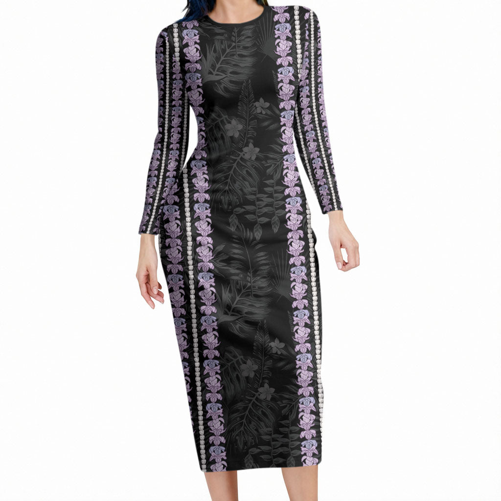 Hawaii Queen Liliuokalani Long Sleeve Bodycon Dress Hawaiian Lei Pua Kalaunu LT05 Long Dress Black - Polynesian Pride