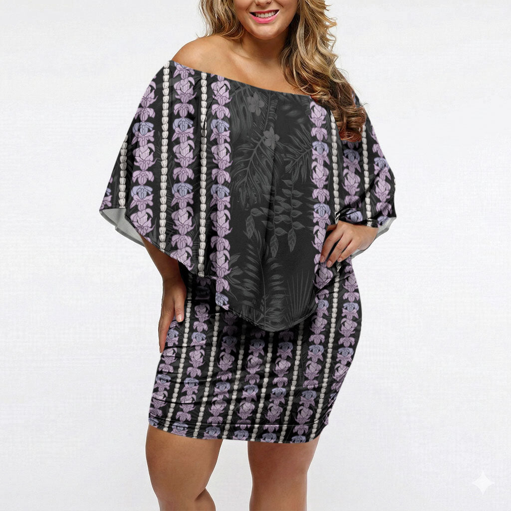 Hawaii Queen Liliuokalani Off Shoulder Short Dress Hawaiian Lei Pua Kalaunu LT05 Women Black - Polynesian Pride