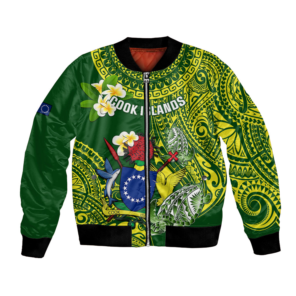 Personalized Cook Islands Bomber Jacket Coat Of Arms Plumeria Polynesian Turtle LT05 Unisex Green - Polynesian Pride