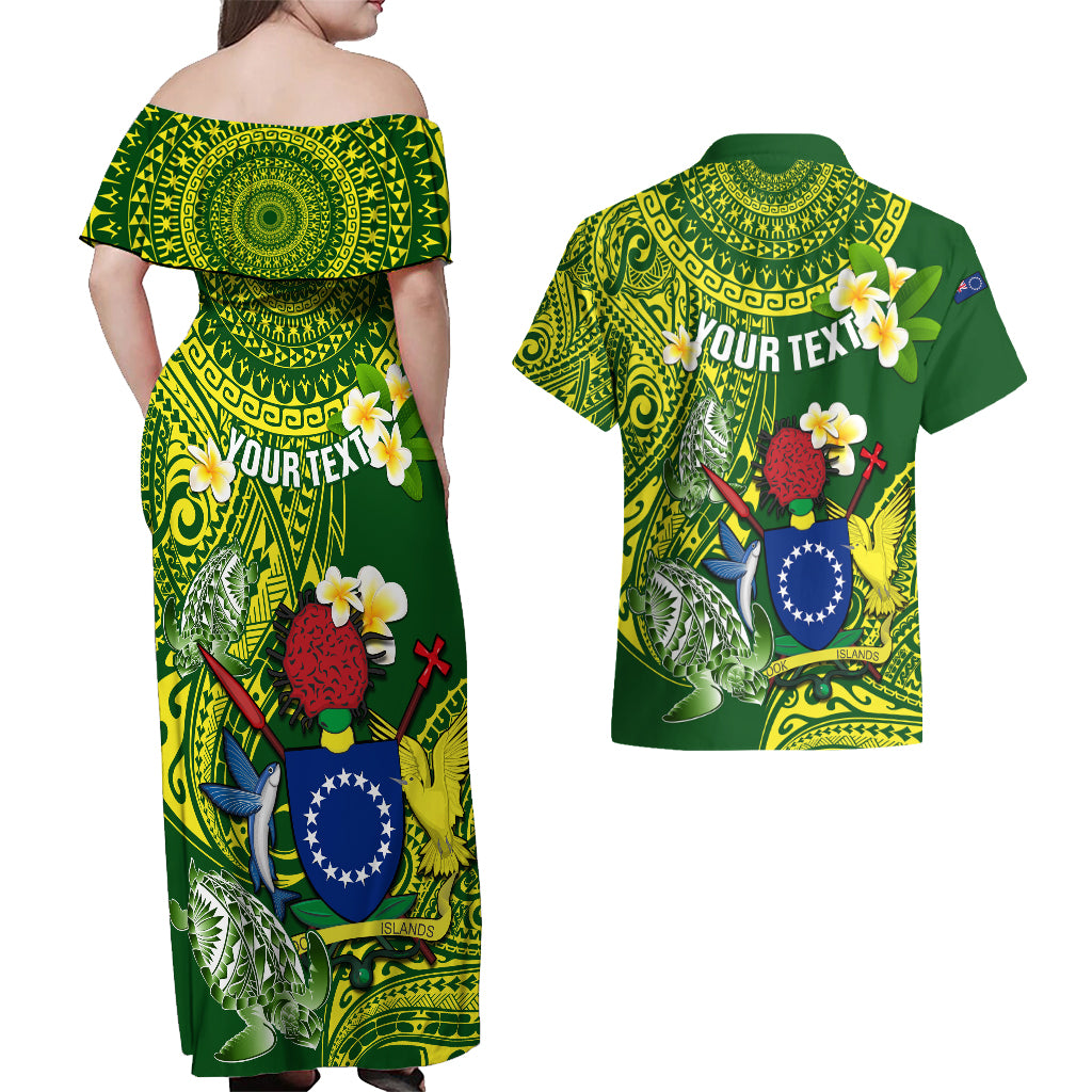 Personalized Cook Islands Couples Matching Off Shoulder Maxi Dress and Hawaiian Shirt Coat Of Arms Plumeria Polynesian Turtle LT05 - Polynesian Pride