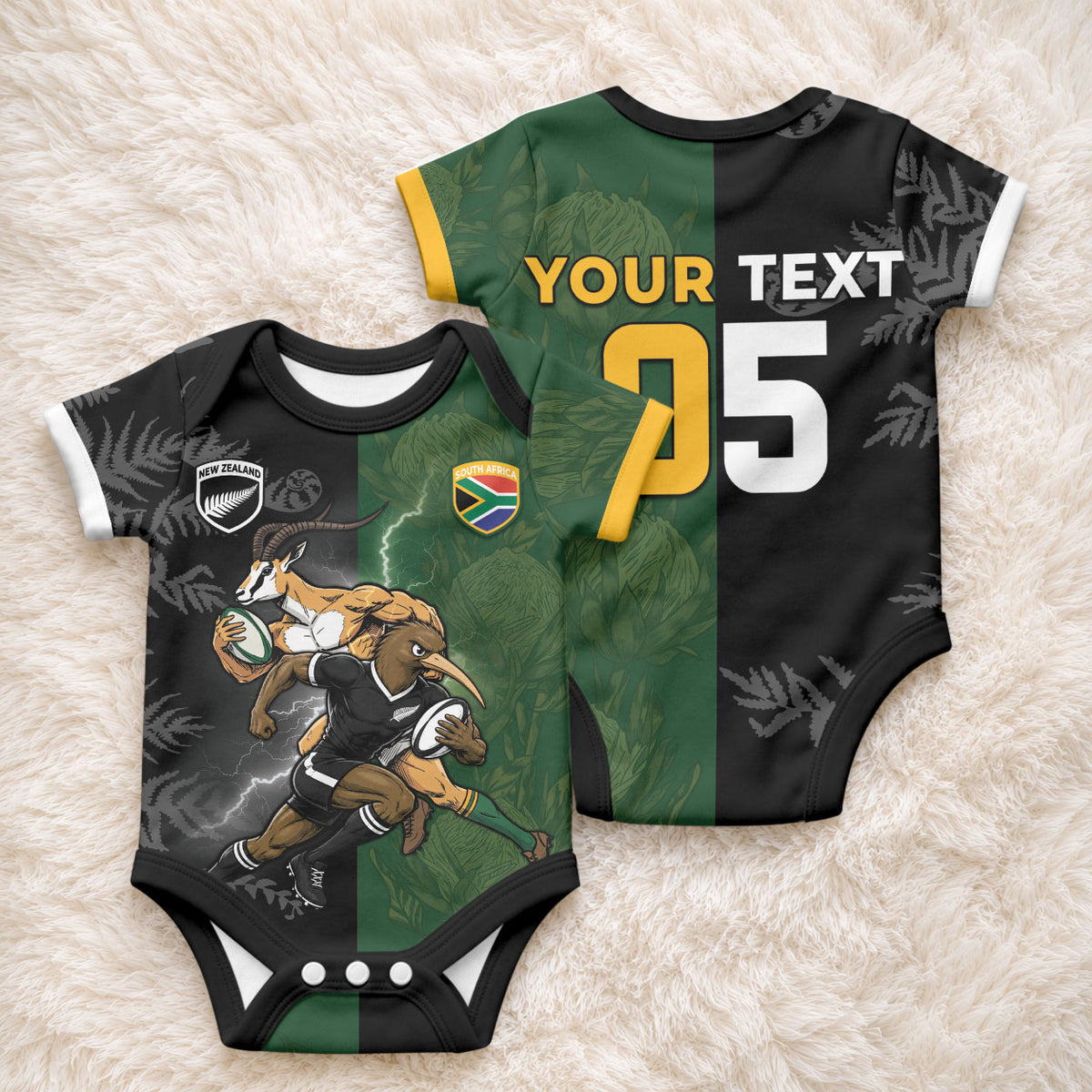 Custom South Africa And New Zealand Baby Onesie Springboks And Kiwis Rugby Rivalry