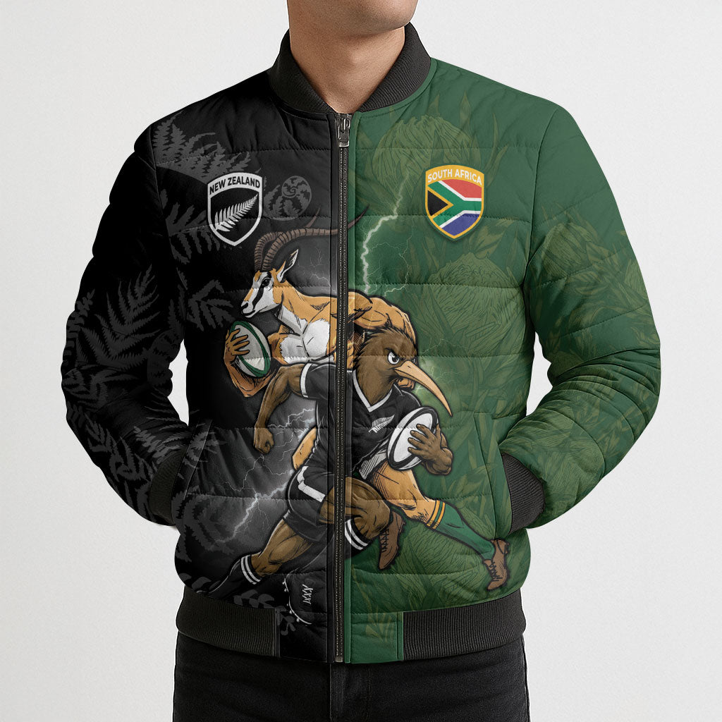 Custom South Africa And New Zealand Bomber Puffer Jacket Springboks And Kiwis Rugby Rivalry