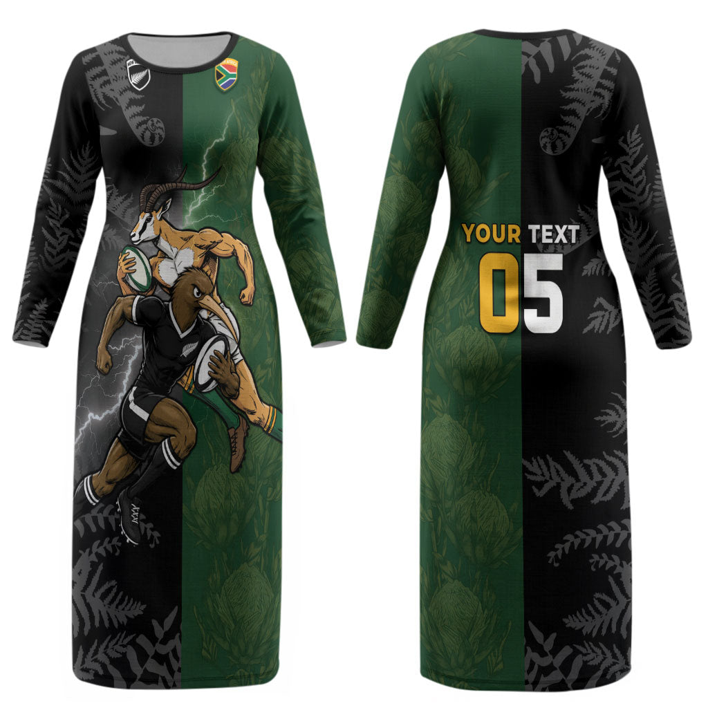 Custom South Africa And New Zealand Couples Matching Long Sleeve Bodycon Dress and Long Sleeve Button Shirt Springboks And Kiwis Rugby Rivalry