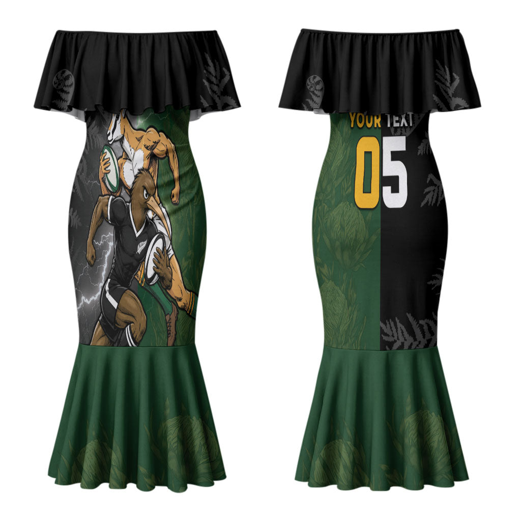 Custom South Africa And New Zealand Couples Matching Mermaid Dress and Long Sleeve Button Shirt Springboks And Kiwis Rugby Rivalry
