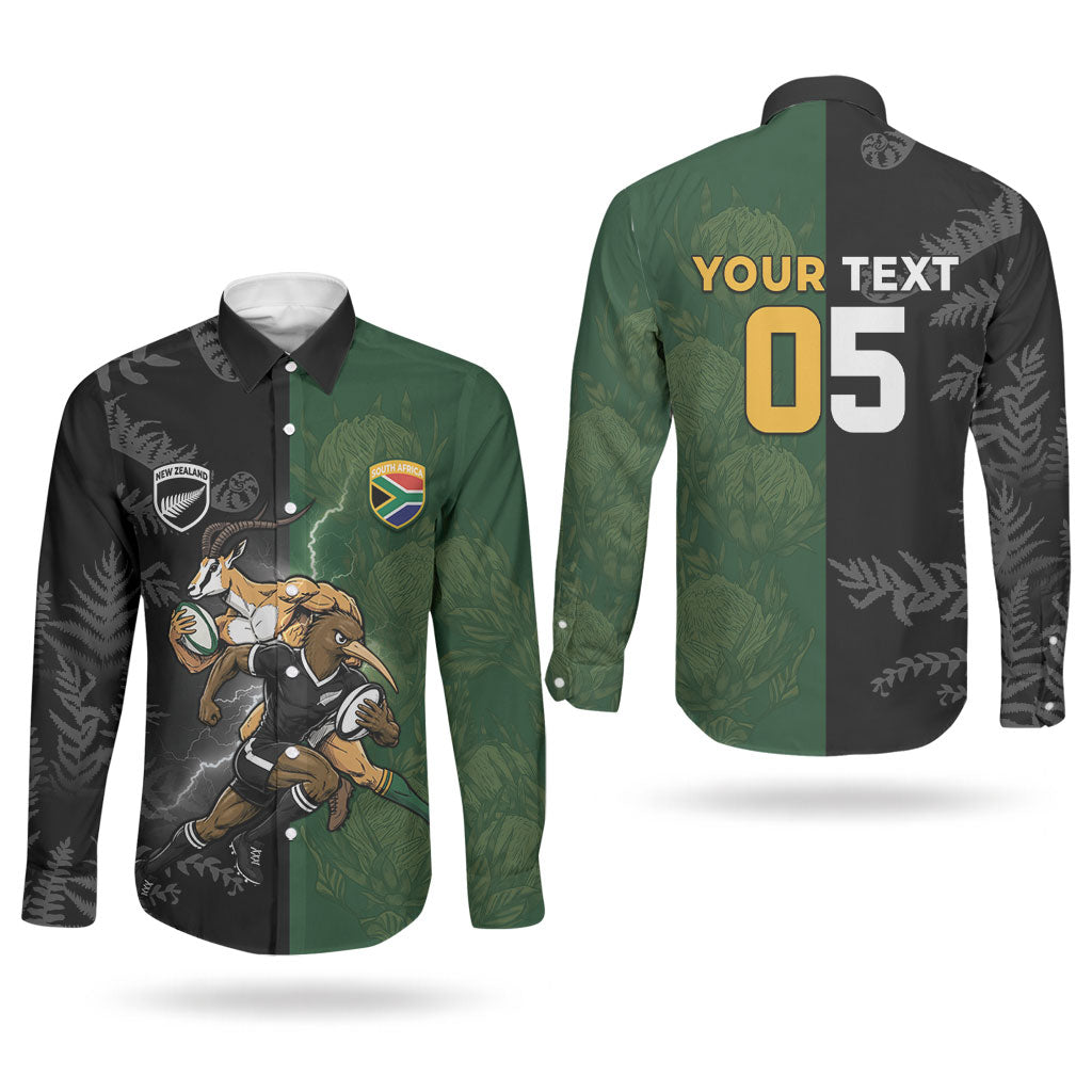 Custom South Africa And New Zealand Couples Matching Off Shoulder Maxi Dress and Long Sleeve Button Shirt Springboks And Kiwis Rugby Rivalry