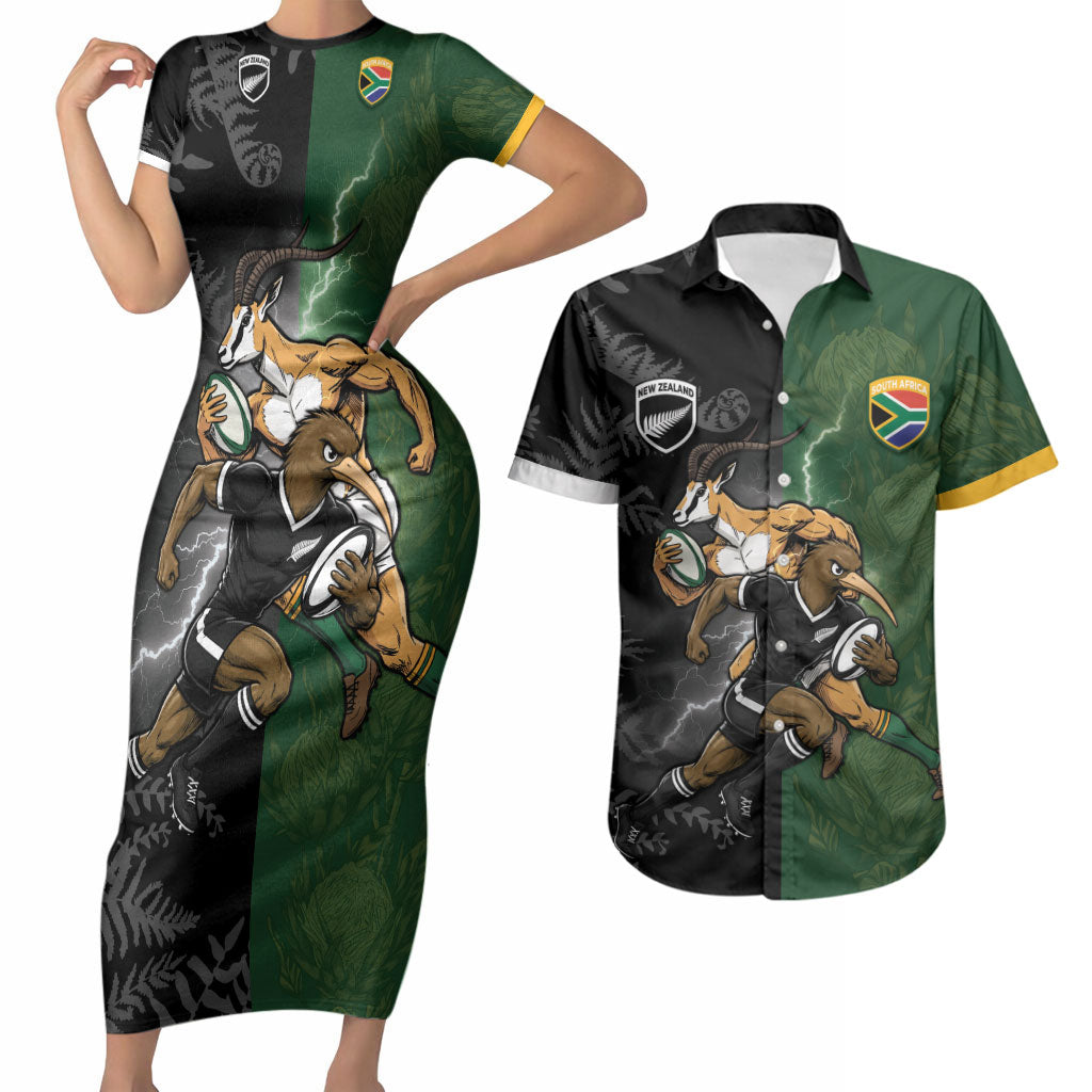 Custom South Africa And New Zealand Couples Matching Short Sleeve Bodycon Dress and Hawaiian Shirt Springboks And Kiwis Rugby Rivalry