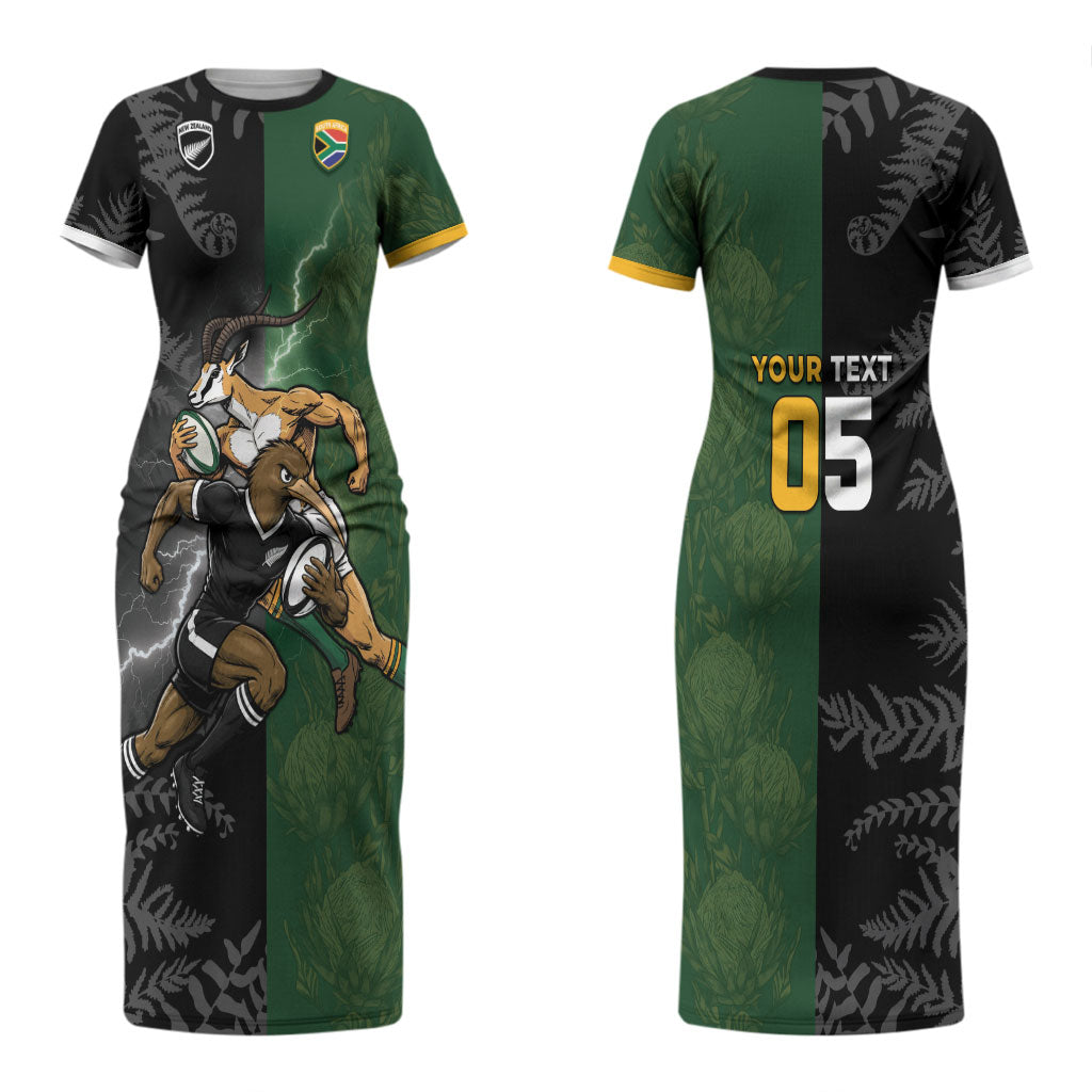 Custom South Africa And New Zealand Couples Matching Short Sleeve Bodycon Dress and Long Sleeve Button Shirt Springboks And Kiwis Rugby Rivalry