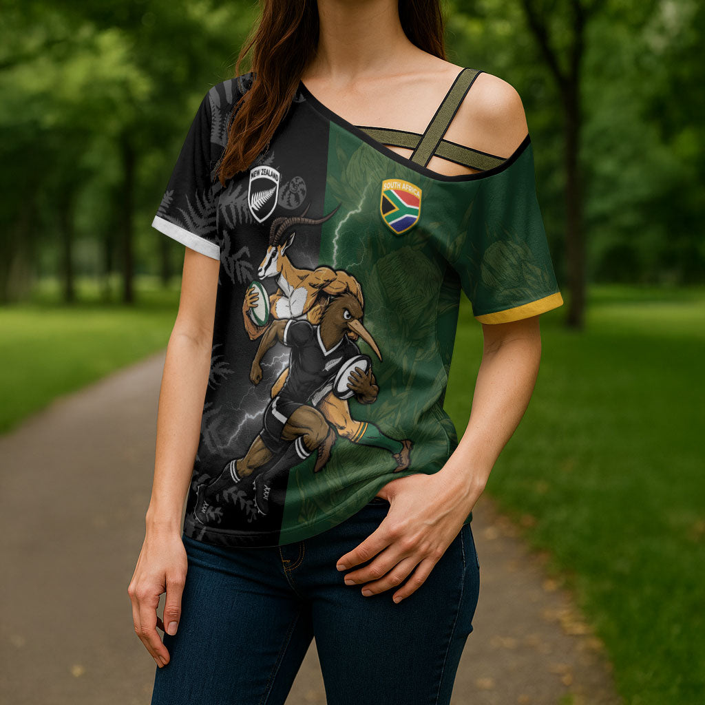 Custom South Africa And New Zealand Cross Shoulder Shirt Springboks And Kiwis Rugby Rivalry