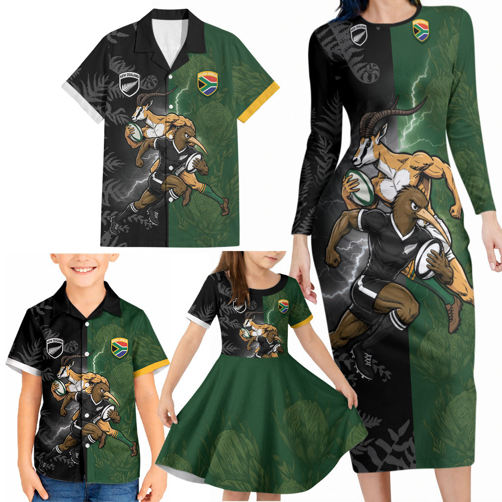 Custom South Africa And New Zealand Family Matching Long Sleeve Bodycon Dress and Hawaiian Shirt Springboks And Kiwis Rugby Rivalry